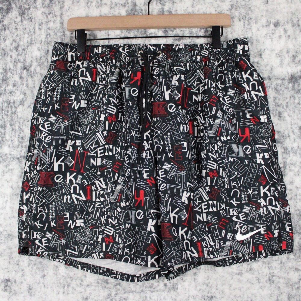 Nike Bender 7" Volley Board Shorts Mens XL Black AOP NIKE LOGO Swim Trunk Lined